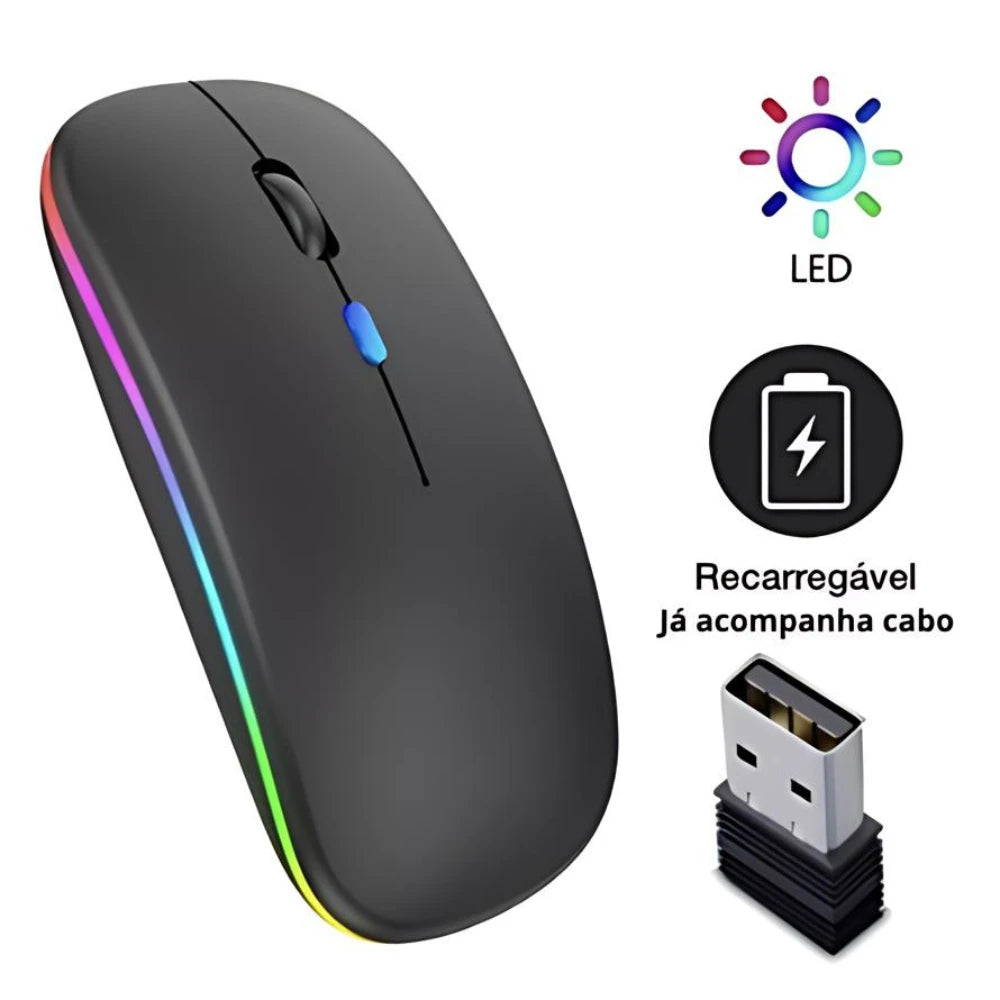 Mouse Sem Fio Recarregável com LED RGB — Conexão 2.4GHz, Estilo e Performance em Suas Mãos!