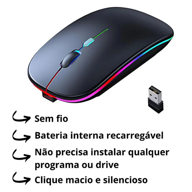 Mouse Sem Fio Recarregável com LED RGB — Conexão 2.4GHz, Estilo e Performance em Suas Mãos!