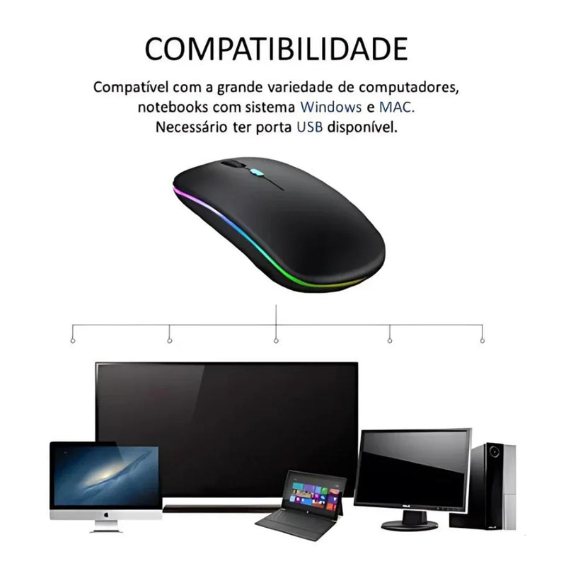 Mouse Sem Fio Recarregável com LED RGB — Conexão 2.4GHz, Estilo e Performance em Suas Mãos!