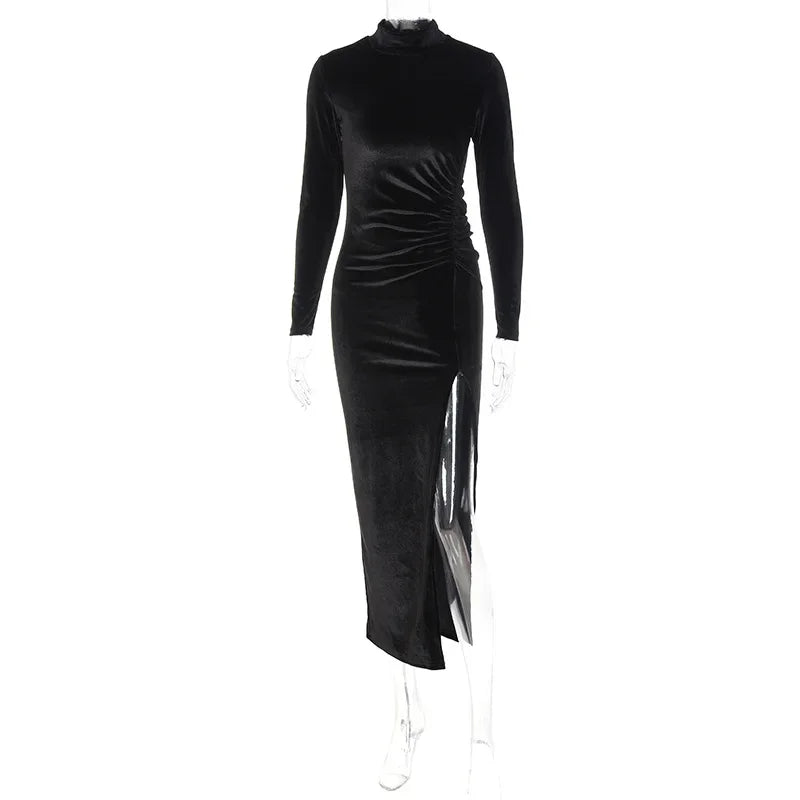 Vestido de Veludo Outono/Inverno – Elegância Sofisticada com Manga Longa, Fenda Lateral Sexy e Caimento Justo para Festas e Noites de Glamour!