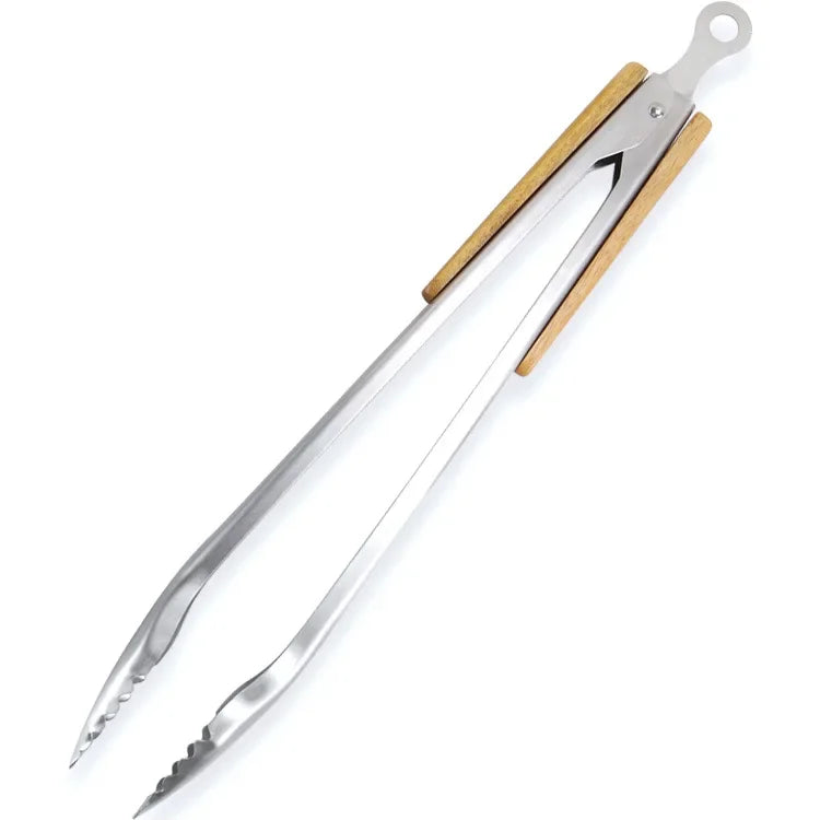 Pinça Profissional Extra Longa com Punhos de Madeira de Acácia – Resistência Premium e Controle Absoluto para o Churrasco Perfeito!