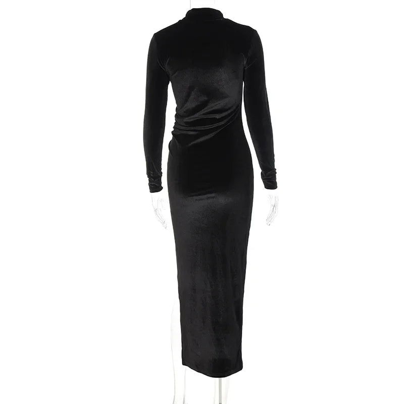 Vestido de Veludo Outono/Inverno – Elegância Sofisticada com Manga Longa, Fenda Lateral Sexy e Caimento Justo para Festas e Noites de Glamour!