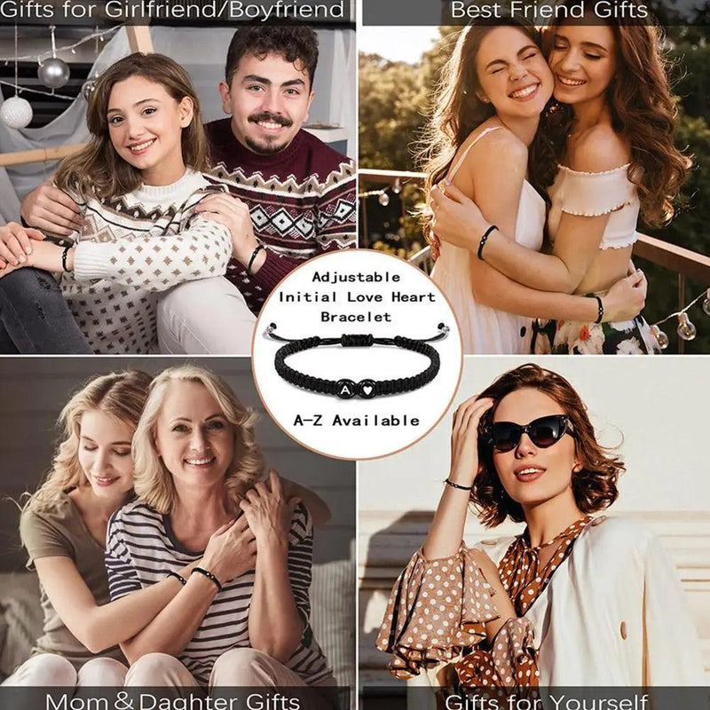 Pulseira Inicial A-Z com Coração – Trançada à Mão, Ajustável e Perfeita para Presentear com Amor