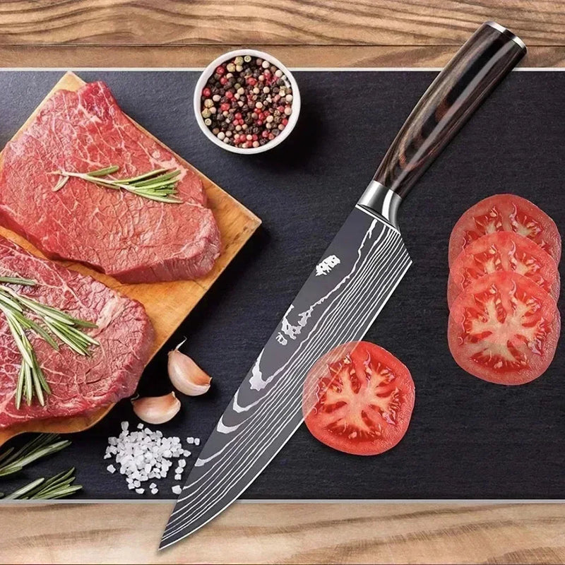 Faca de Cozinha Multifuncional Damasco a Laser – Corte Preciso para Carnes, Pães, Frutas, Churrasco e Muito Mais!
