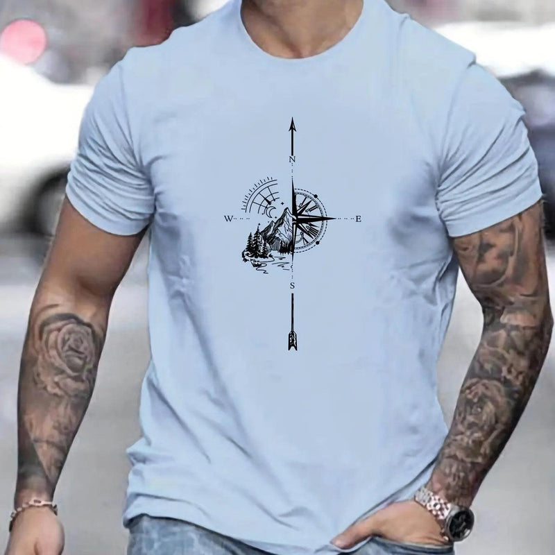 Camiseta Masculina 100% Algodão – Estampa Montanha & Bússola, Estilo Aventureiro com Conforto Leve de Verão