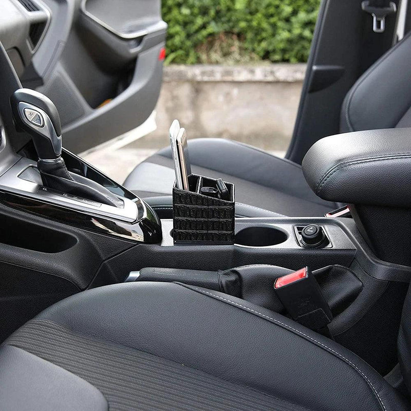 Organização Inteligente no Seu Carro: Porta Objetos de Couro com Suporte de Porta Copos - Armazena Moedas, Celular, Chaves e Muito Mais!