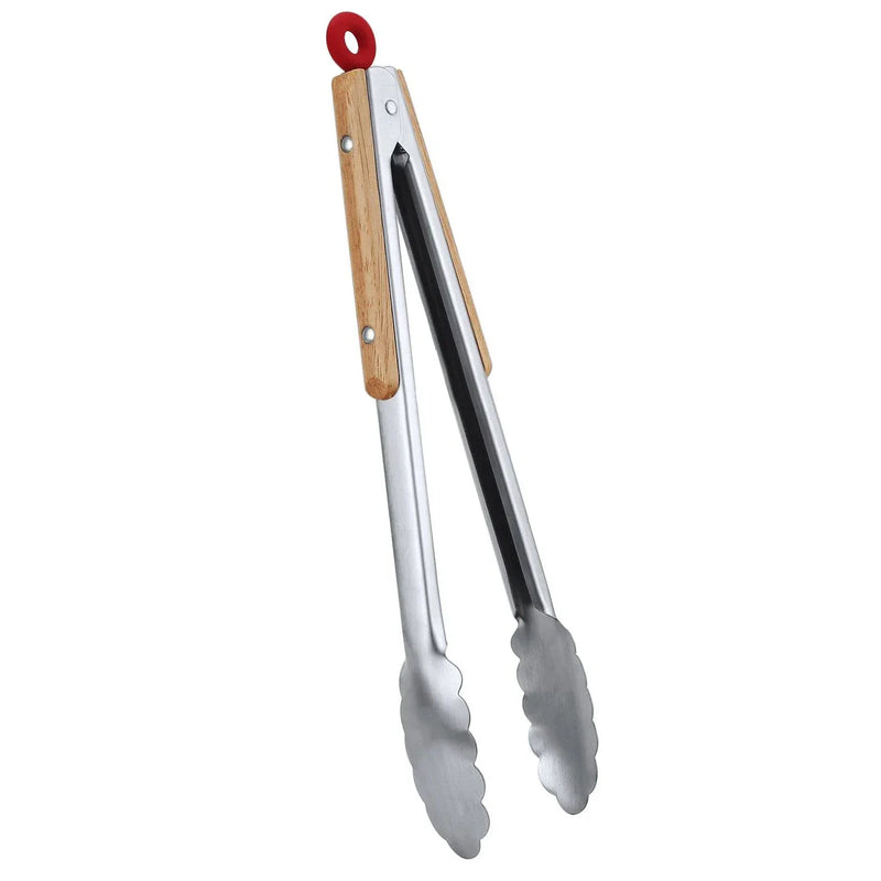 Pinças de Cozinha Premium em Aço Inoxidável – Travamento Seguro e Cabos de Madeira Ergonômicos para Churrascos, Panelas e Preparos Profissionais