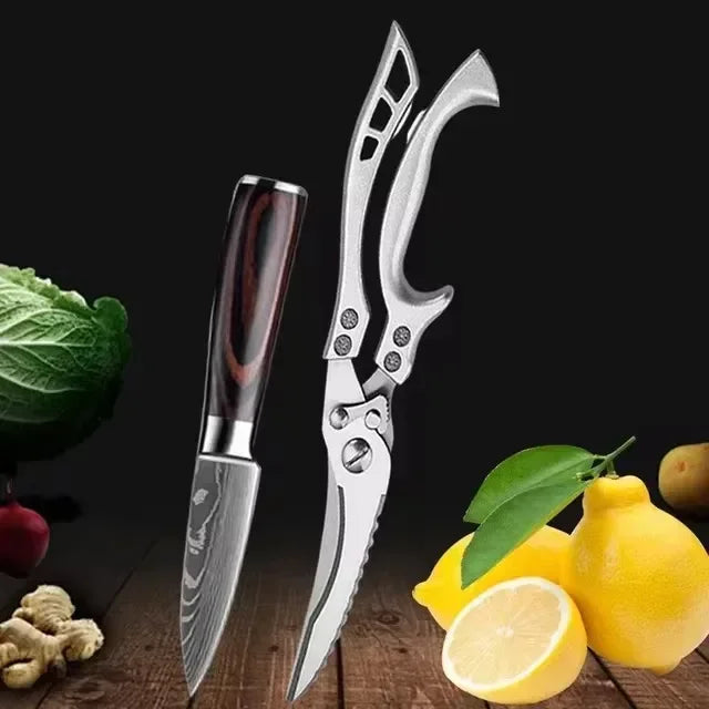 Faca de Cozinha Multifuncional Damasco a Laser – Corte Preciso para Carnes, Pães, Frutas, Churrasco e Muito Mais!