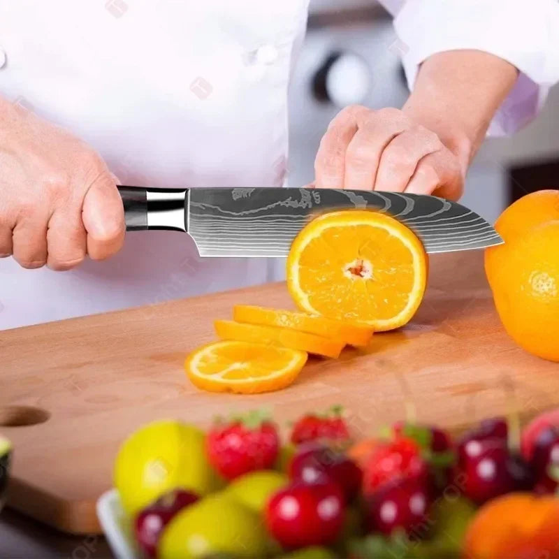 Faca de Cozinha Multifuncional Damasco a Laser – Corte Preciso para Carnes, Pães, Frutas, Churrasco e Muito Mais!