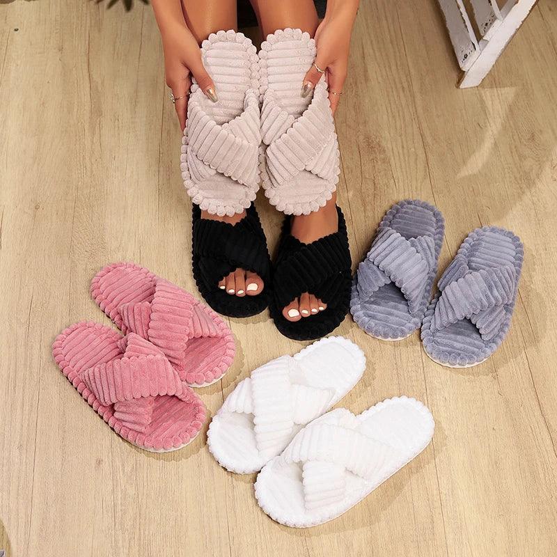 Chinelos Femininos de Veludo Cruzado – Conforto Aconchegante e Estilo Luxuoso para o Outono e Inverno!