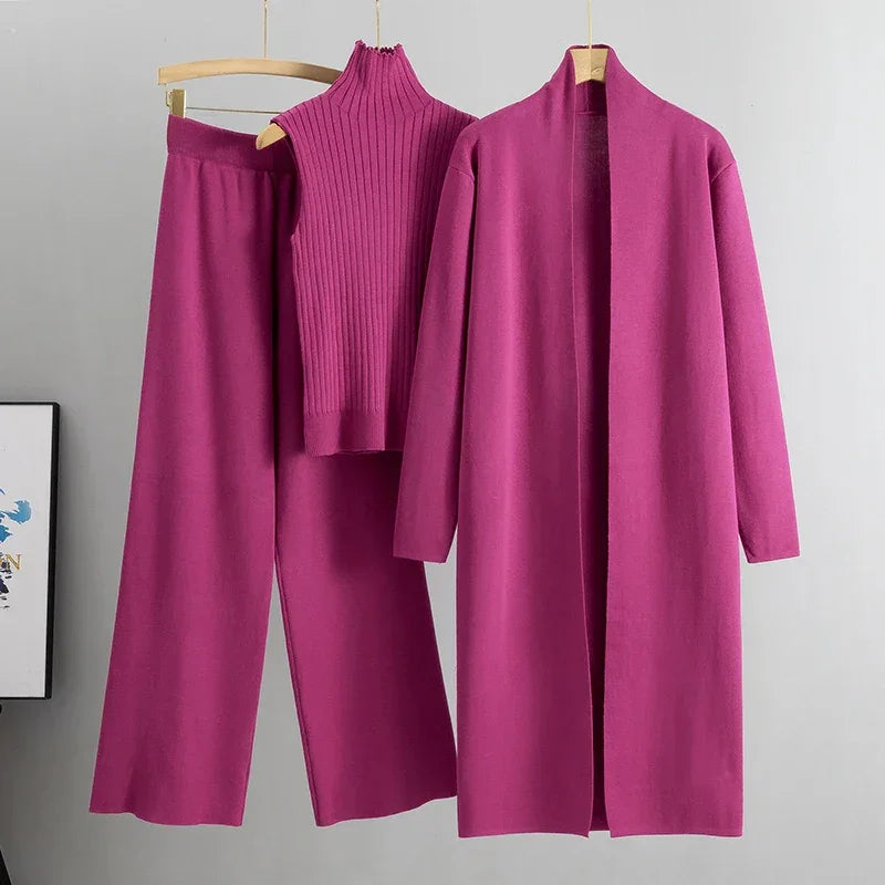 Conjunto Feminino 3 Peças Elegante: Cardigan + Calça + Camisola em Malha Vintage — Estilo Versátil para Primavera e Outono!