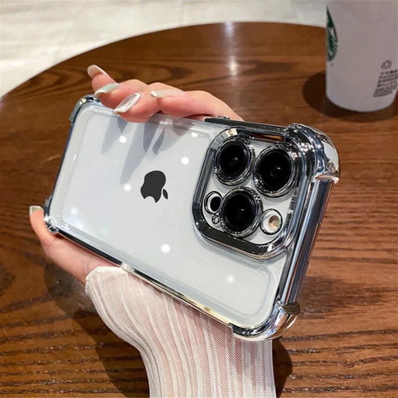 Elegância Transparente com Toque Colorido – Capa Dura Antichoque com Proteção nos 4 Cantos para iPhone 12 a 16