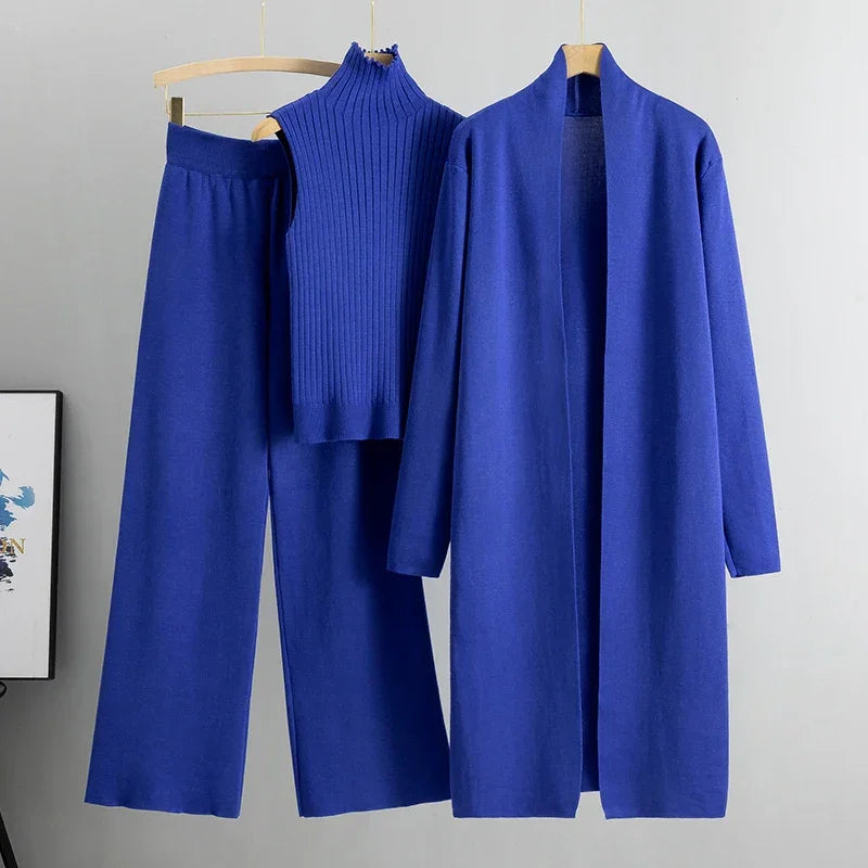 Conjunto Feminino 3 Peças Elegante: Cardigan + Calça + Camisola em Malha Vintage — Estilo Versátil para Primavera e Outono!