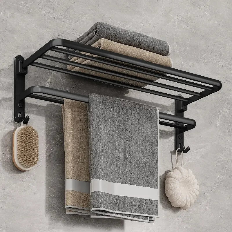 Suporte Dobrável de Toalha em Preto Fosco – Elegância e Praticidade com Gancho Extra e 50CM de Funcionalidade na Sua Parede!