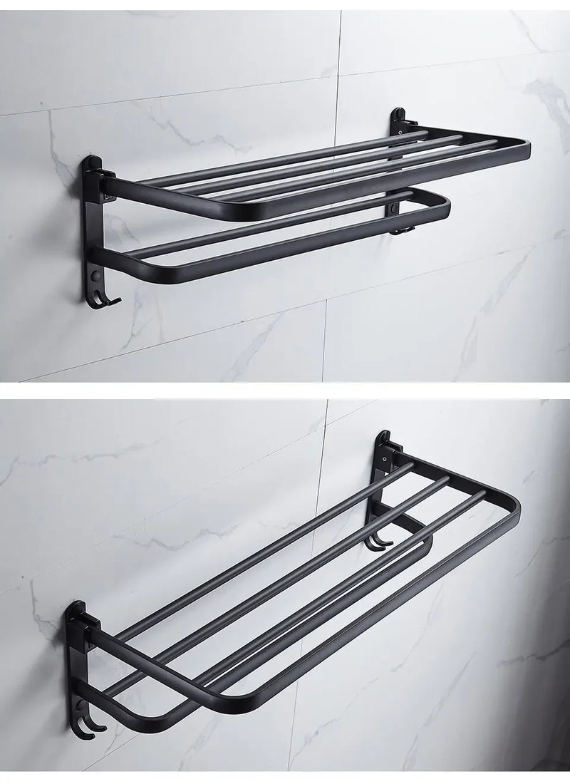 Suporte Dobrável de Toalha em Preto Fosco – Elegância e Praticidade com Gancho Extra e 50CM de Funcionalidade na Sua Parede!