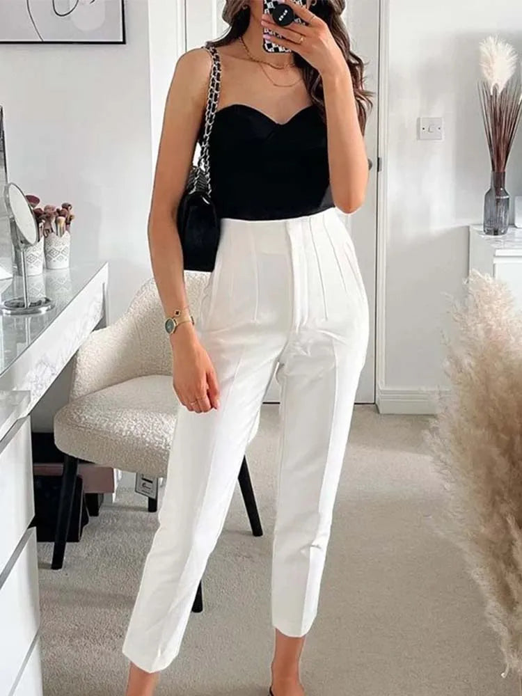 Calça Feminina Skinny de Cintura Alta – Estilo Streetwear com Detalhes Sofisticados para o Escritório e Outono