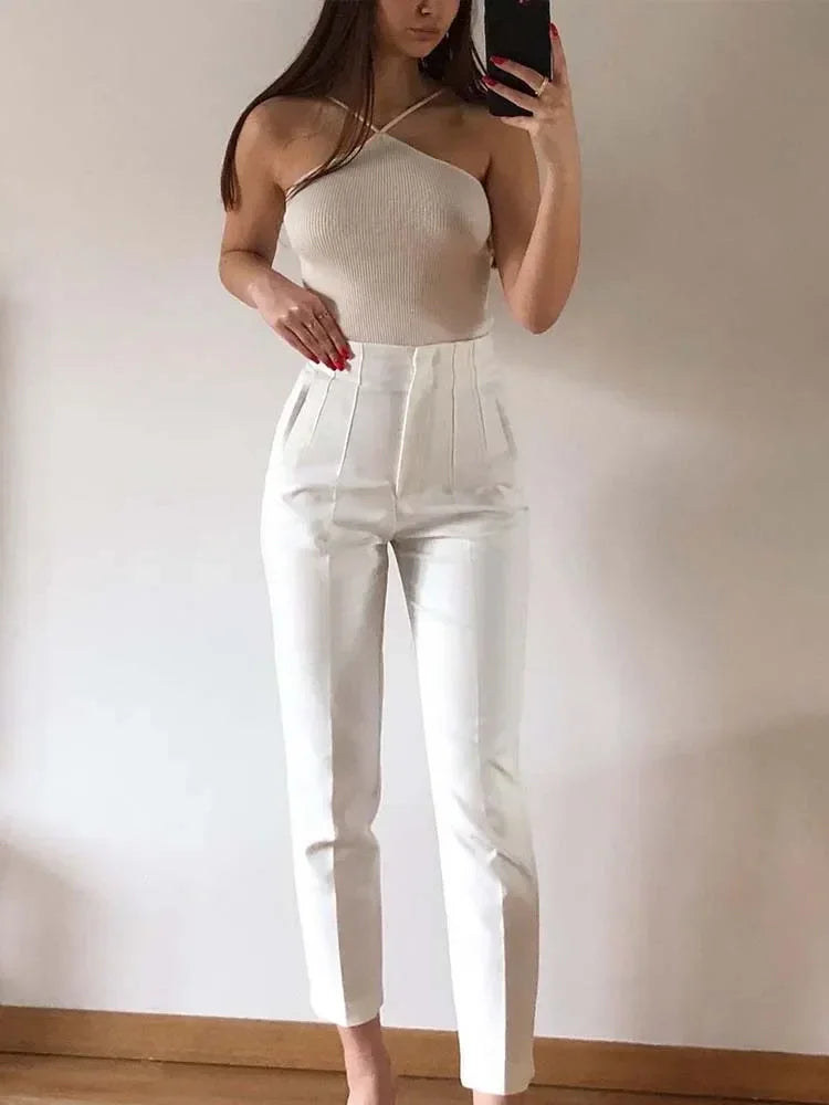 Calça Feminina Skinny de Cintura Alta – Estilo Streetwear com Detalhes Sofisticados para o Escritório e Outono