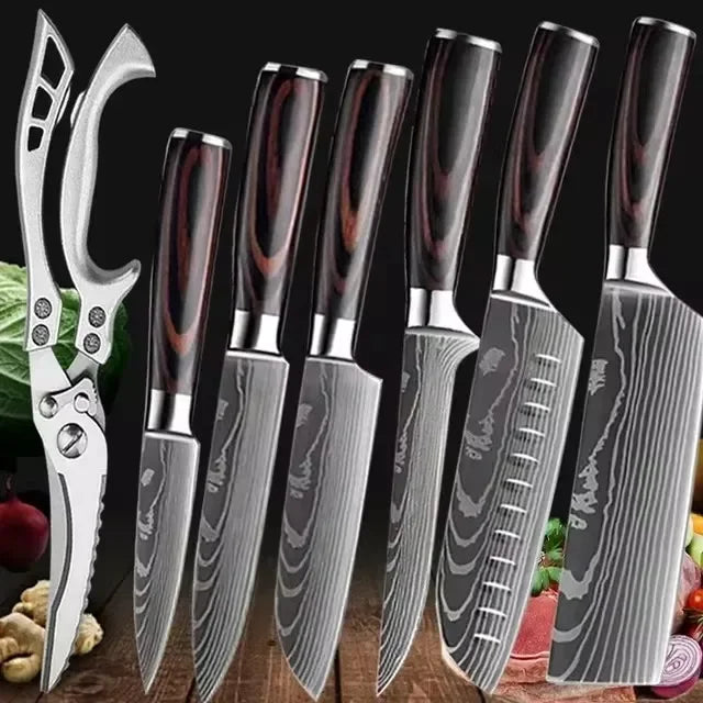 Faca de Cozinha Multifuncional Damasco a Laser – Corte Preciso para Carnes, Pães, Frutas, Churrasco e Muito Mais!