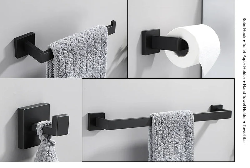Upgrade Sofisticado no Seu Banheiro: Kit de Acessórios em Aço Inoxidável Preto Fosco com Toalheiro, Suporte de Papel, Ganchos e Mais!