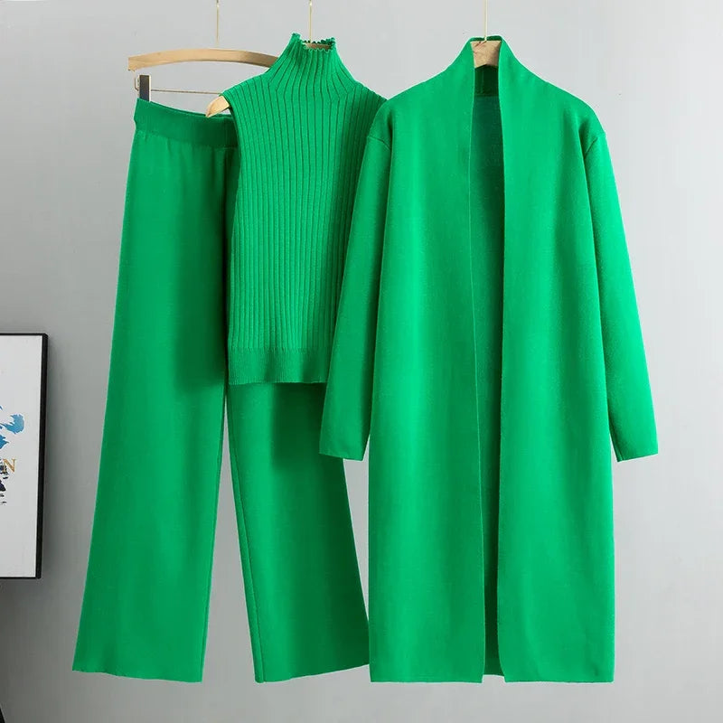 Conjunto Feminino 3 Peças Elegante: Cardigan + Calça + Camisola em Malha Vintage — Estilo Versátil para Primavera e Outono!