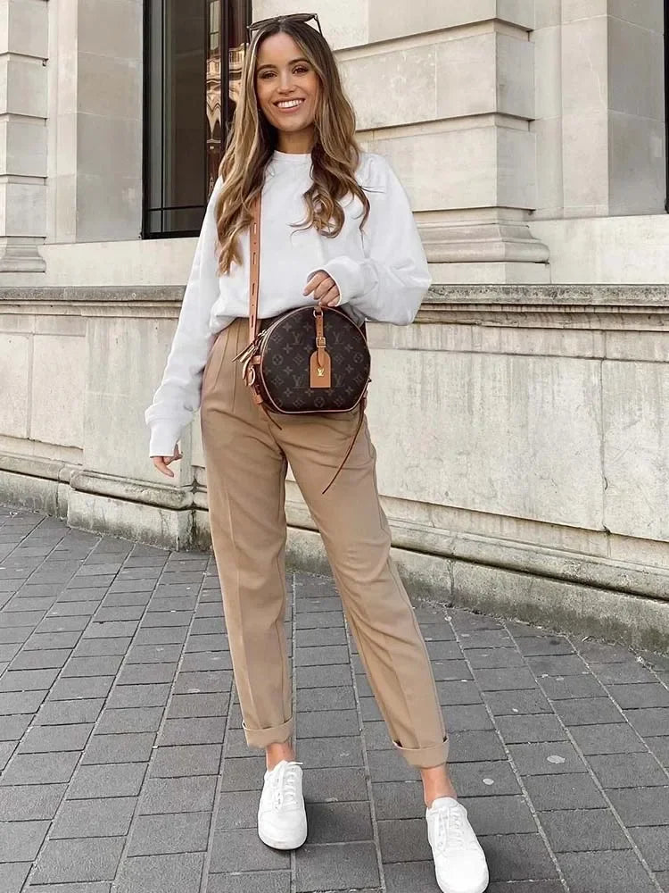 Calça Feminina Skinny de Cintura Alta – Estilo Streetwear com Detalhes Sofisticados para o Escritório e Outono