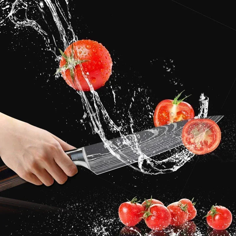 Faca de Cozinha Multifuncional Damasco a Laser – Corte Preciso para Carnes, Pães, Frutas, Churrasco e Muito Mais!