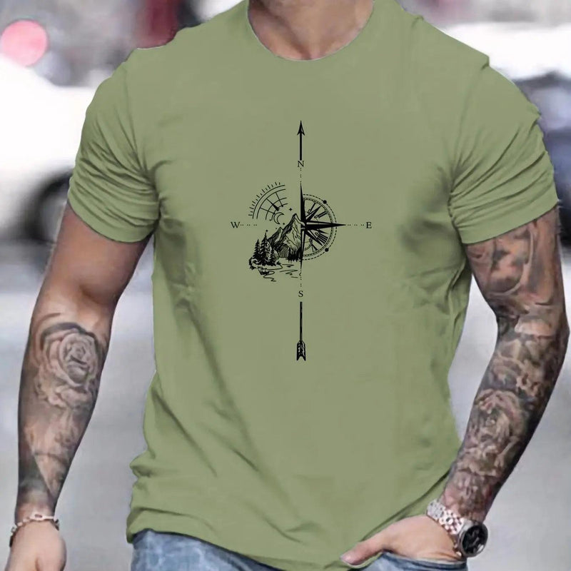 Camiseta Masculina 100% Algodão – Estampa Montanha & Bússola, Estilo Aventureiro com Conforto Leve de Verão