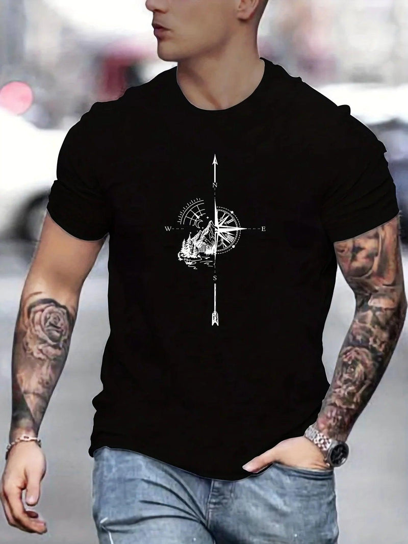 Camiseta Masculina 100% Algodão – Estampa Montanha & Bússola, Estilo Aventureiro com Conforto Leve de Verão
