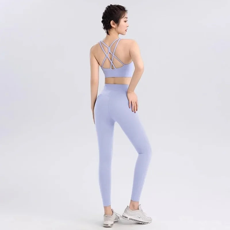 Conjunto de Yoga 2 em 1 para Mulheres: Cintura Alta + Top Cropped Respirável — O Look Fitness que Une Conforto, Estilo e Performance no Treino!