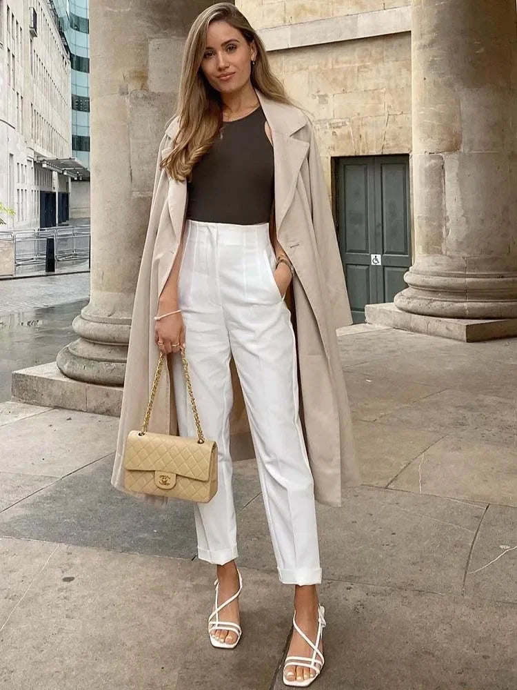 Calça Feminina Skinny de Cintura Alta – Estilo Streetwear com Detalhes Sofisticados para o Escritório e Outono