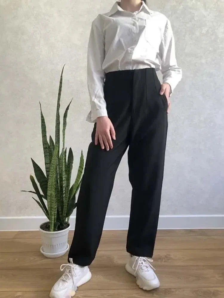 Calça Feminina Skinny de Cintura Alta – Estilo Streetwear com Detalhes Sofisticados para o Escritório e Outono