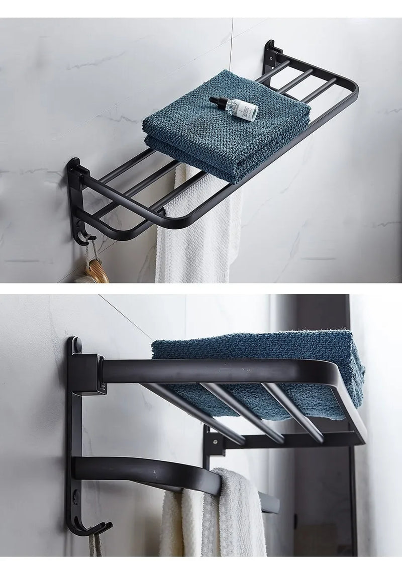 Suporte Dobrável de Toalha em Preto Fosco – Elegância e Praticidade com Gancho Extra e 50CM de Funcionalidade na Sua Parede!