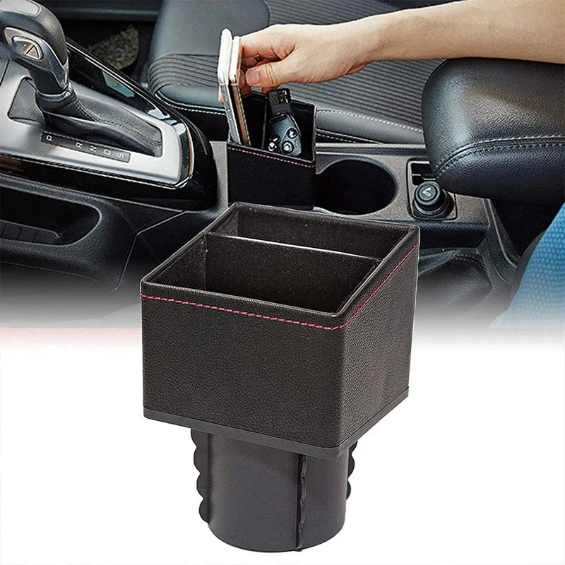 Organização Inteligente no Seu Carro: Porta Objetos de Couro com Suporte de Porta Copos - Armazena Moedas, Celular, Chaves e Muito Mais!