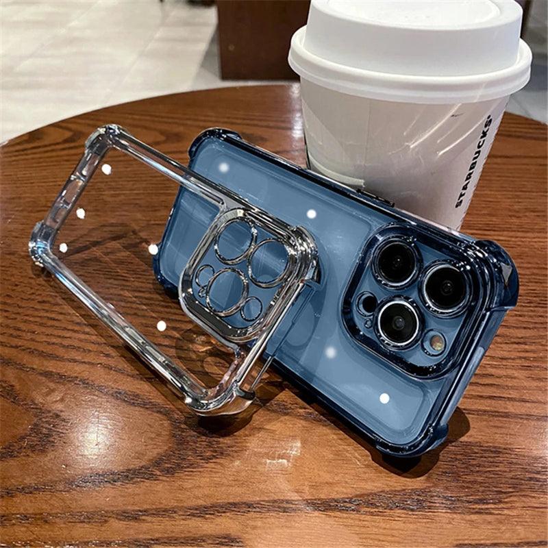 Elegância Transparente com Toque Colorido – Capa Dura Antichoque com Proteção nos 4 Cantos para iPhone 12 a 16