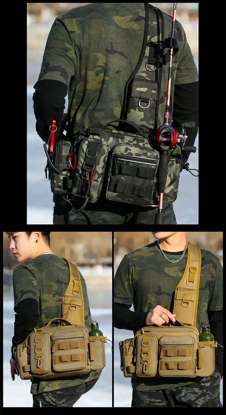 Mochila Tática de Pesca 3 em 1 — Organize Seus Equipamentos com Estilo e Leve Sua Vara nas Costas sem Complicações!