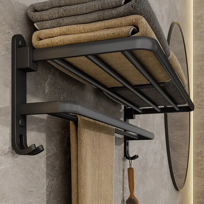 Suporte Dobrável de Toalha em Preto Fosco – Elegância e Praticidade com Gancho Extra e 50CM de Funcionalidade na Sua Parede!