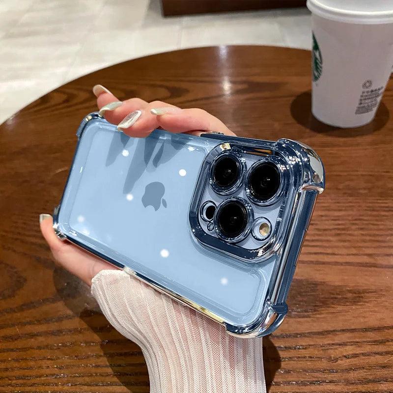 Elegância Transparente com Toque Colorido – Capa Dura Antichoque com Proteção nos 4 Cantos para iPhone 12 a 16