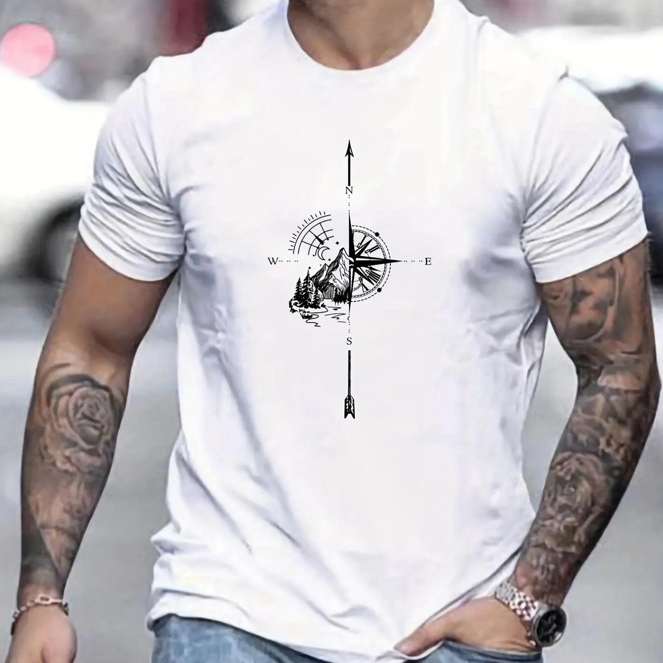 Camiseta Masculina 100% Algodão – Estampa Montanha & Bússola, Estilo Aventureiro com Conforto Leve de Verão