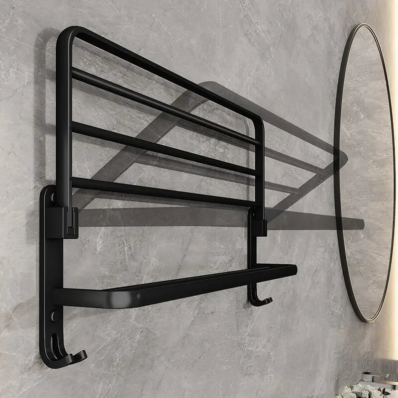 Suporte Dobrável de Toalha em Preto Fosco – Elegância e Praticidade com Gancho Extra e 50CM de Funcionalidade na Sua Parede!