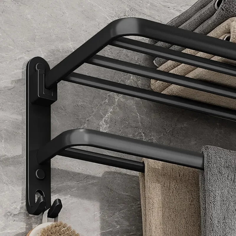 Suporte Dobrável de Toalha em Preto Fosco – Elegância e Praticidade com Gancho Extra e 50CM de Funcionalidade na Sua Parede!