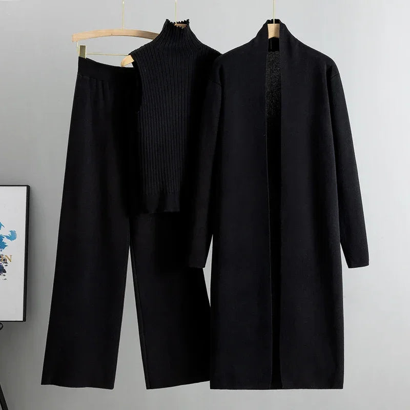 Conjunto Feminino 3 Peças Elegante: Cardigan + Calça + Camisola em Malha Vintage — Estilo Versátil para Primavera e Outono!