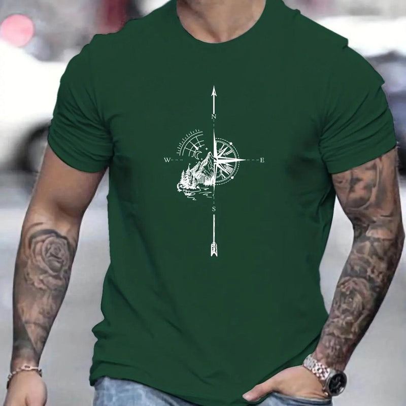 Camiseta Masculina 100% Algodão – Estampa Montanha & Bússola, Estilo Aventureiro com Conforto Leve de Verão