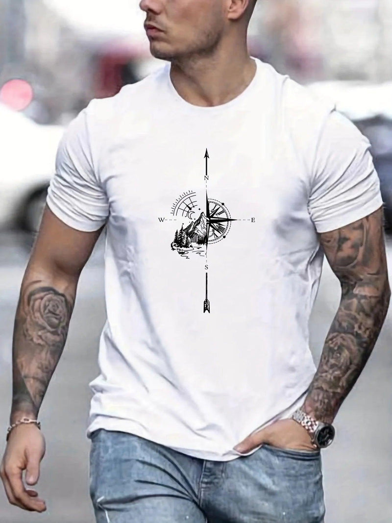 Camiseta Masculina 100% Algodão – Estampa Montanha & Bússola, Estilo Aventureiro com Conforto Leve de Verão