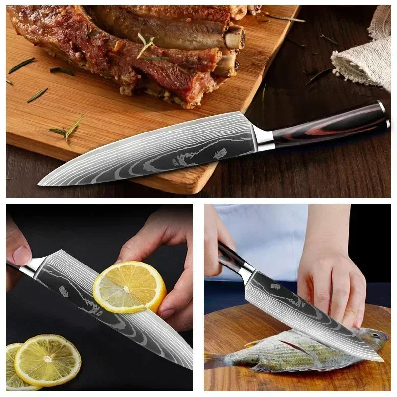 Faca de Cozinha Multifuncional Damasco a Laser – Corte Preciso para Carnes, Pães, Frutas, Churrasco e Muito Mais!