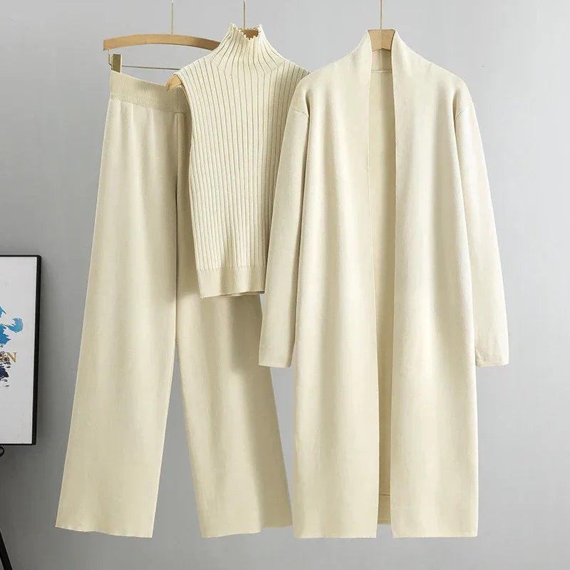Conjunto Feminino 3 Peças Elegante: Cardigan + Calça + Camisola em Malha Vintage — Estilo Versátil para Primavera e Outono!
