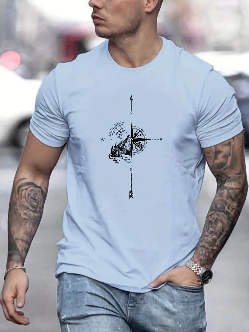 Camiseta Masculina 100% Algodão – Estampa Montanha & Bússola, Estilo Aventureiro com Conforto Leve de Verão