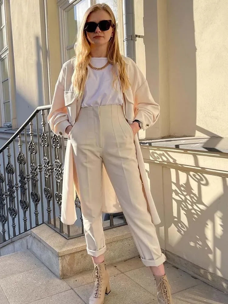 Calça Feminina Skinny de Cintura Alta – Estilo Streetwear com Detalhes Sofisticados para o Escritório e Outono
