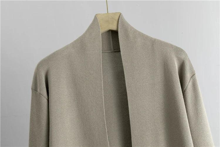 Conjunto Feminino 3 Peças Elegante: Cardigan + Calça + Camisola em Malha Vintage — Estilo Versátil para Primavera e Outono!