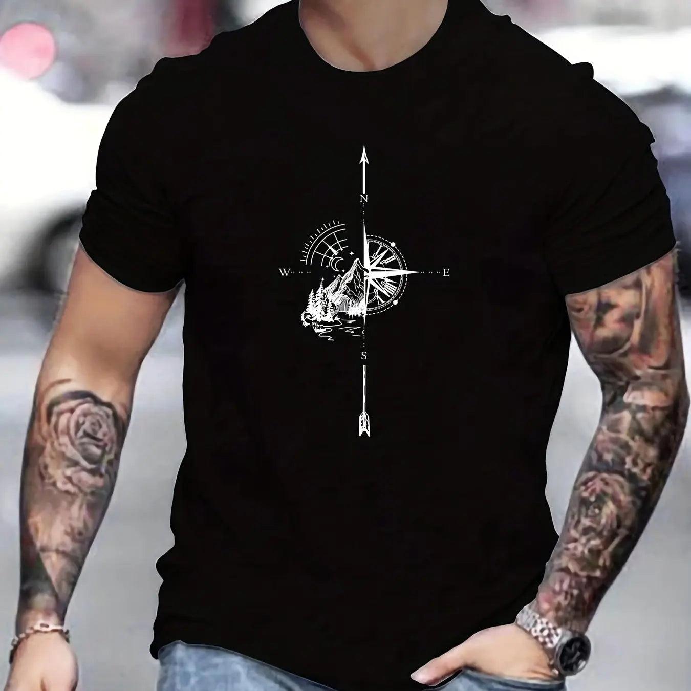 Camiseta Masculina 100% Algodão – Estampa Montanha & Bússola, Estilo Aventureiro com Conforto Leve de Verão