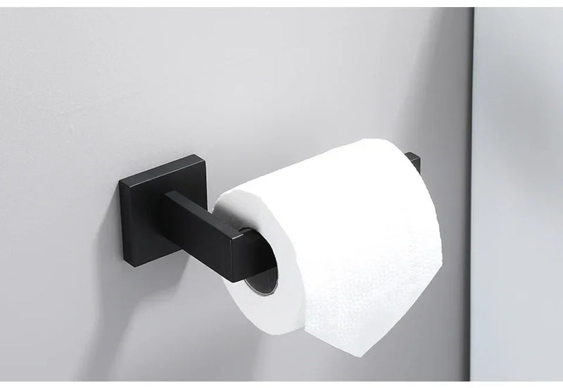 Upgrade Sofisticado no Seu Banheiro: Kit de Acessórios em Aço Inoxidável Preto Fosco com Toalheiro, Suporte de Papel, Ganchos e Mais!